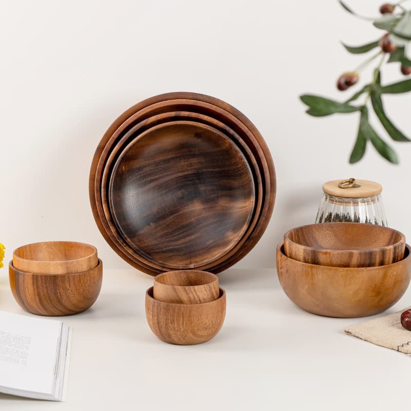 Acacia Wood Bowl, Home Wooden Japanese Walnut Creative Tableware, Salad Bowl, Rice Bowl, Noodle Bowl, Soup Bowl, Flat Bottom