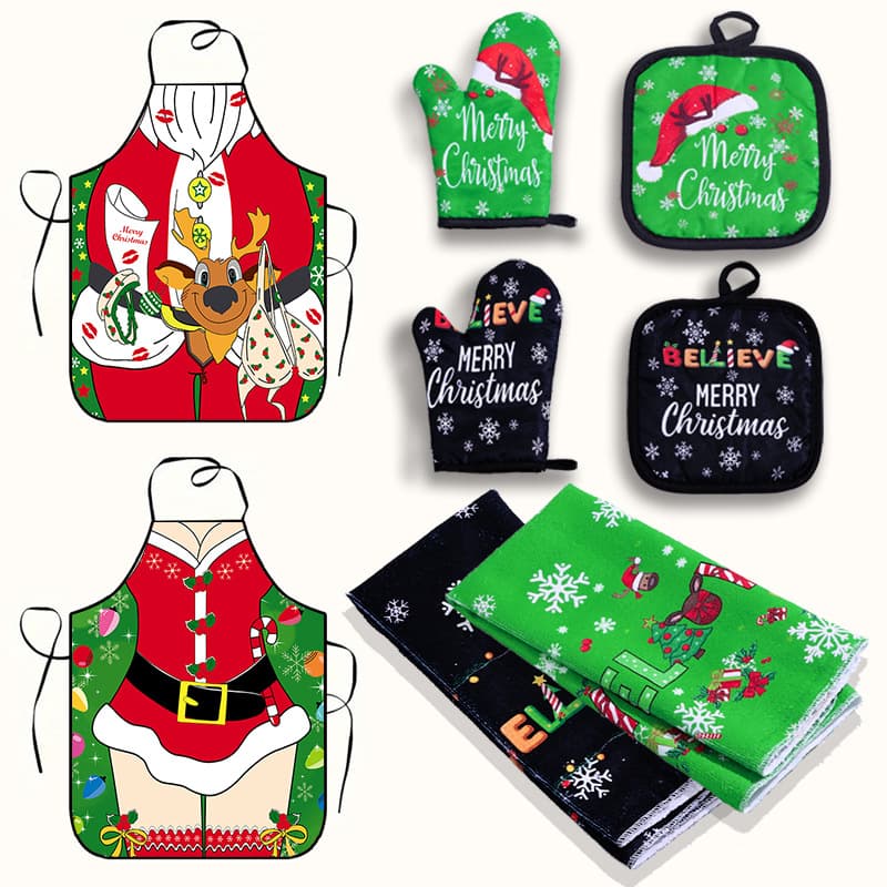 Cross-border hot selling Christmas microwave gloves kitchen anti-scald baking Christmas gloves potholders apron towel set