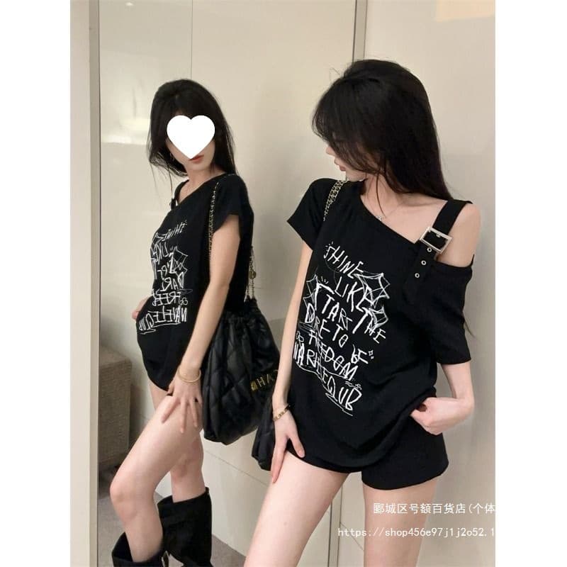 New Design Asymmetrical Strap Tank Top Women Summer Graffiti Print Loose Cool Girl Off-Shoulder Top Trendy