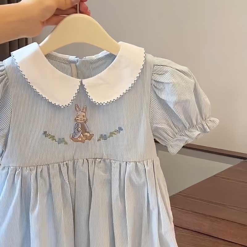 Girls Summer Dress New Baby Fashionable Kids Puff Sleeve Striped White Rabbit Dress