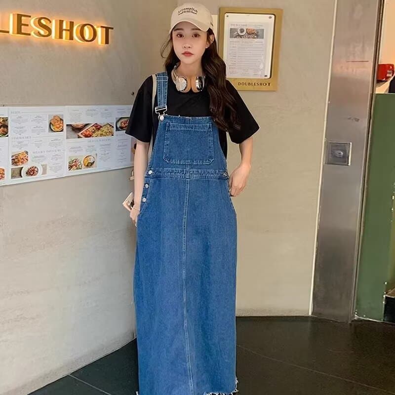 Spring and Summer New Plus-Size Women's Clothing for Curvy Figures, Slimming Tummy-Covering French Denim Suspender Dress, Vintage Spaghetti Strap Long Dress