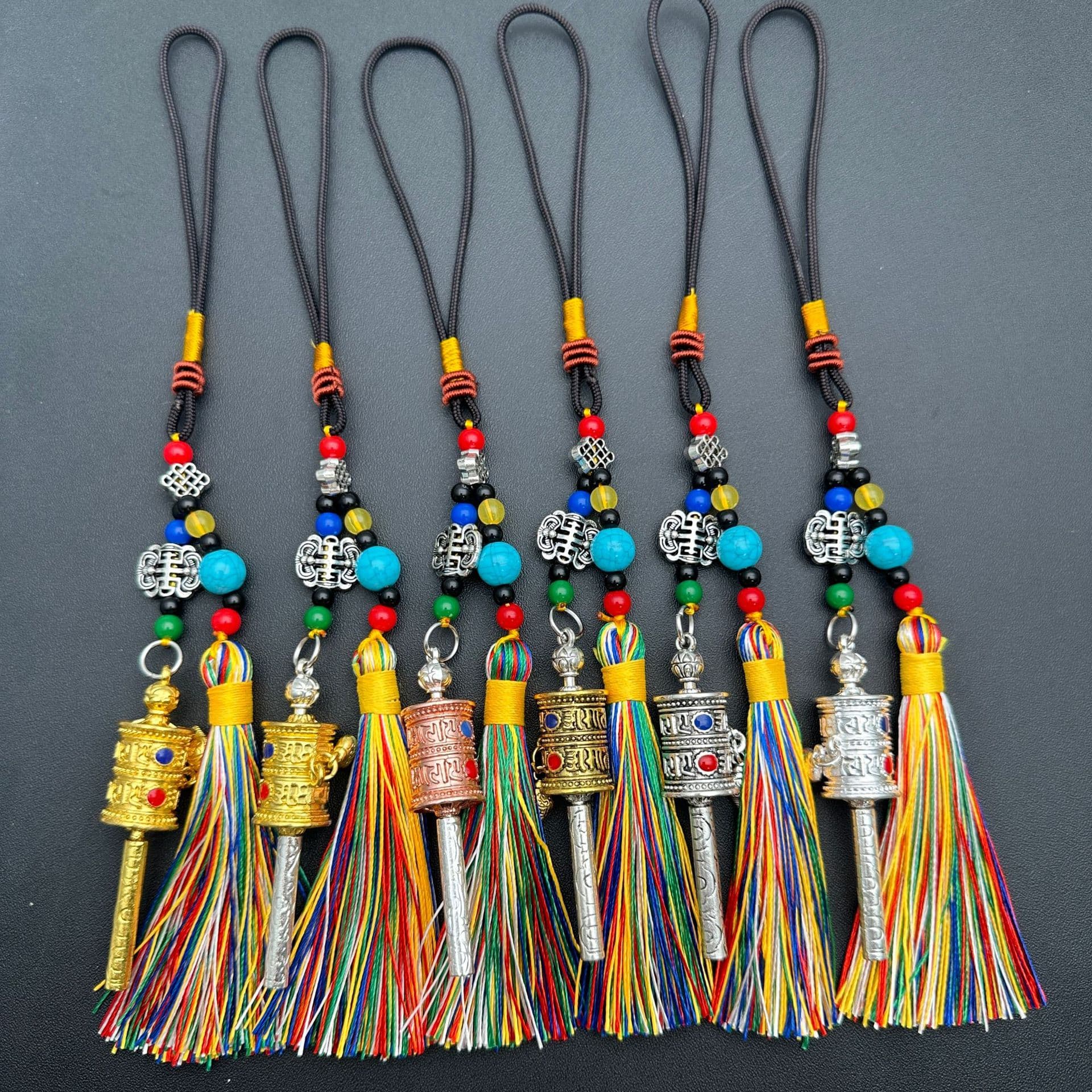 Tibetan-style Six-Syllable Mantra prayer wheel waist plaque small pendant, car interior tassel bag hanging, keychain blessing pendant