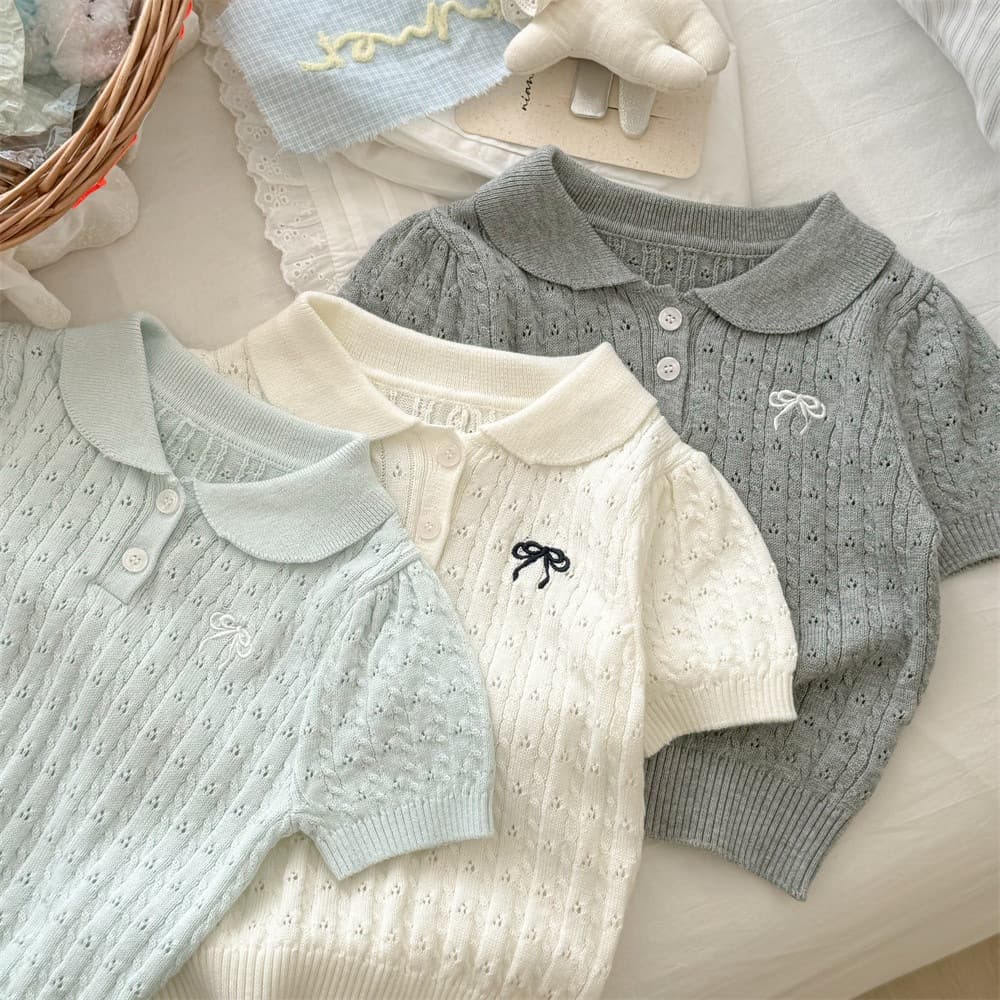 New summer Korean style girls' dress with bow collar short sleeves, stylish and fashionable, super cute knitted top