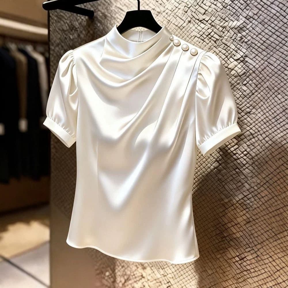 French Stand Collar Puff Sleeve Short Sleeve Satin Blouse for Women 2026 Summer New Stylish Slimming Design Top Trend