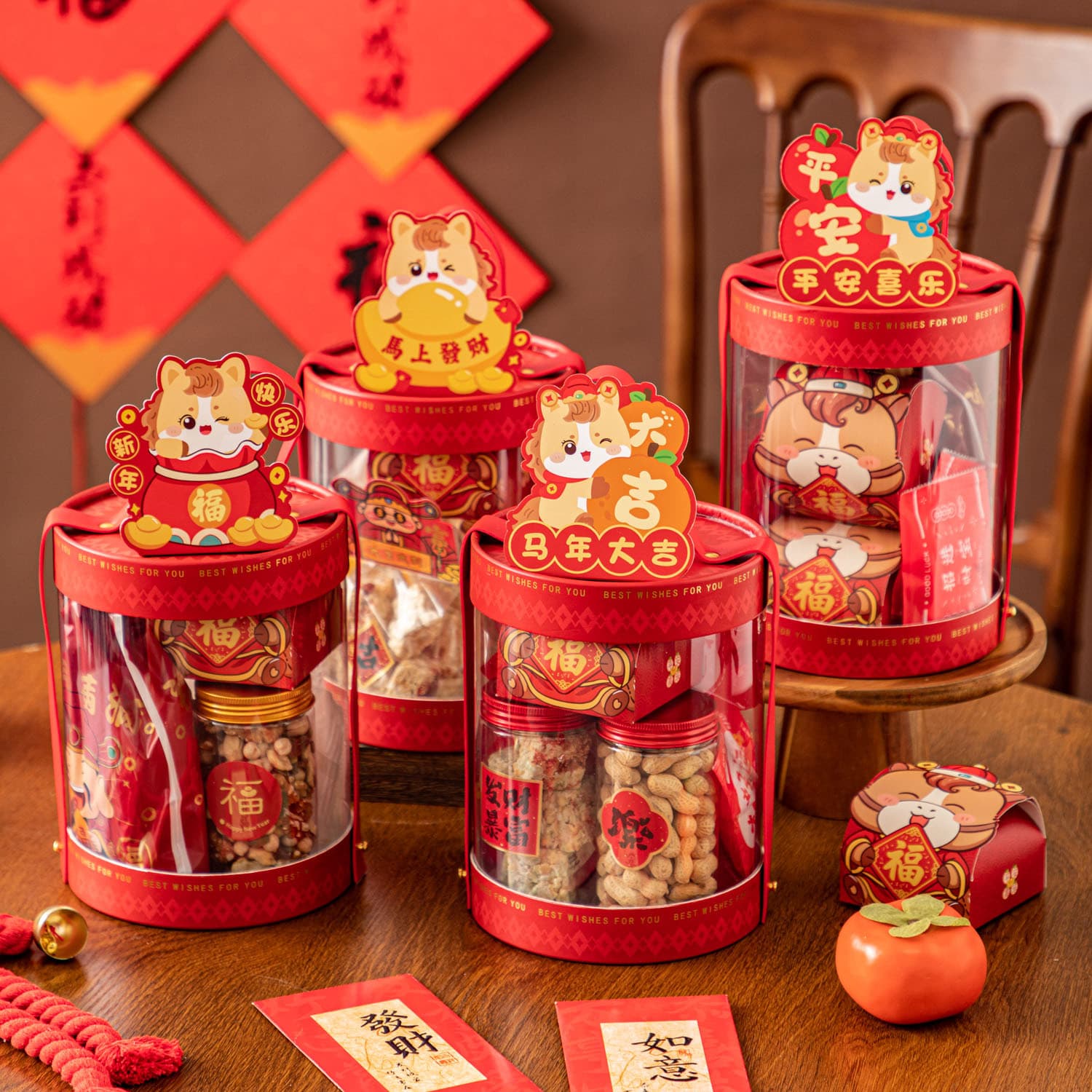 Year of the Horse Gift Box Empty Box New Year Spring Festival Packaging Box Handheld Red Gift Box Souvenir 2026 Transparent Hug Bucket