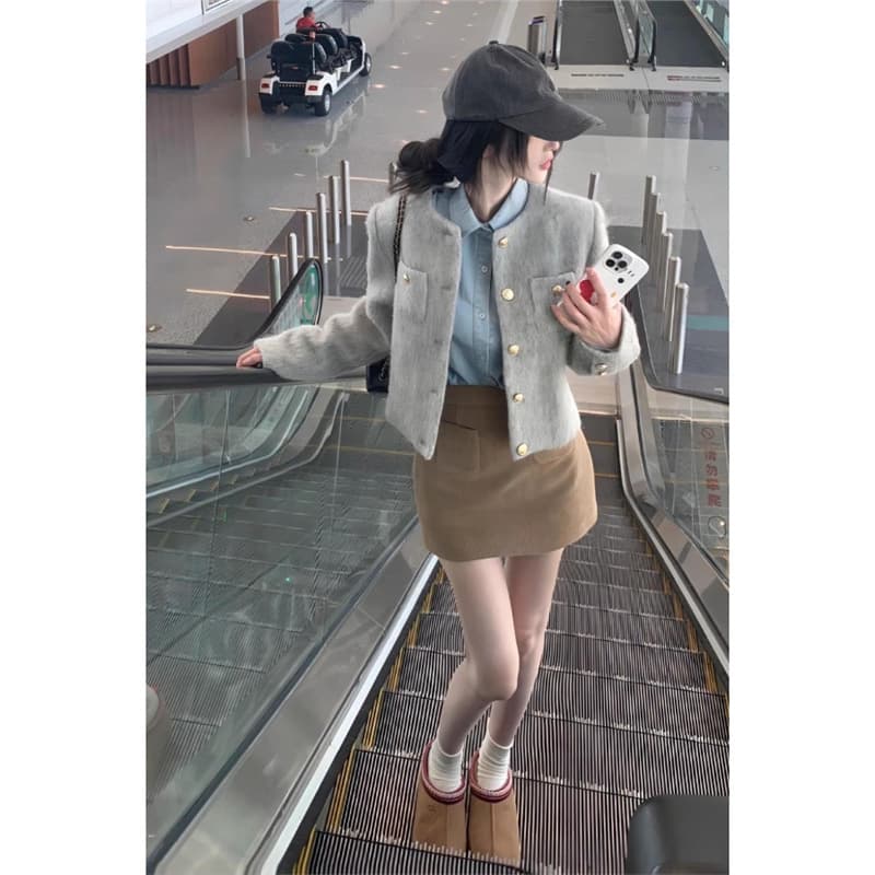 Hong Kong style high-end wool coat, retro blue denim long-sleeved shirt, high-waisted corduroy skirt, complete set
