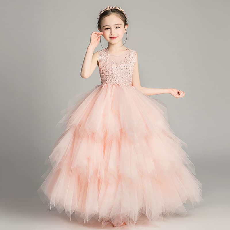 Children's Runway Formal Dress Pink Flower Girl Tulle Princess Dress Wedding Host Piano Performance Girls Formal Dress