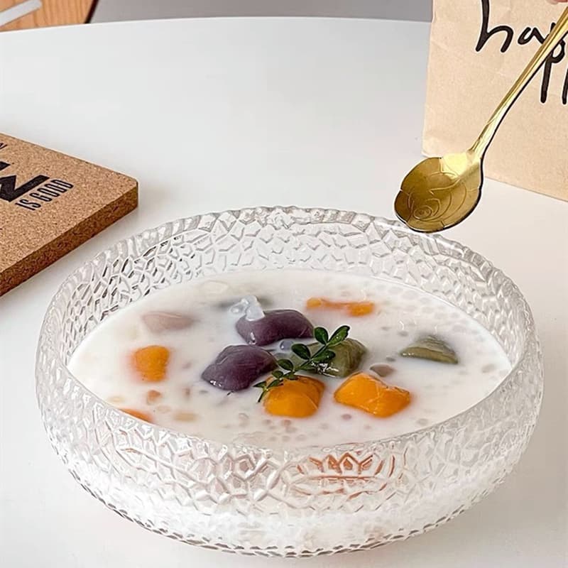 Fruit Bowl Japanese-Style Glass Salad Bowl Gold Rim Cute Single Dessert Bowl Household Small Dish Hammered Cherry Blossom Petal Bowl