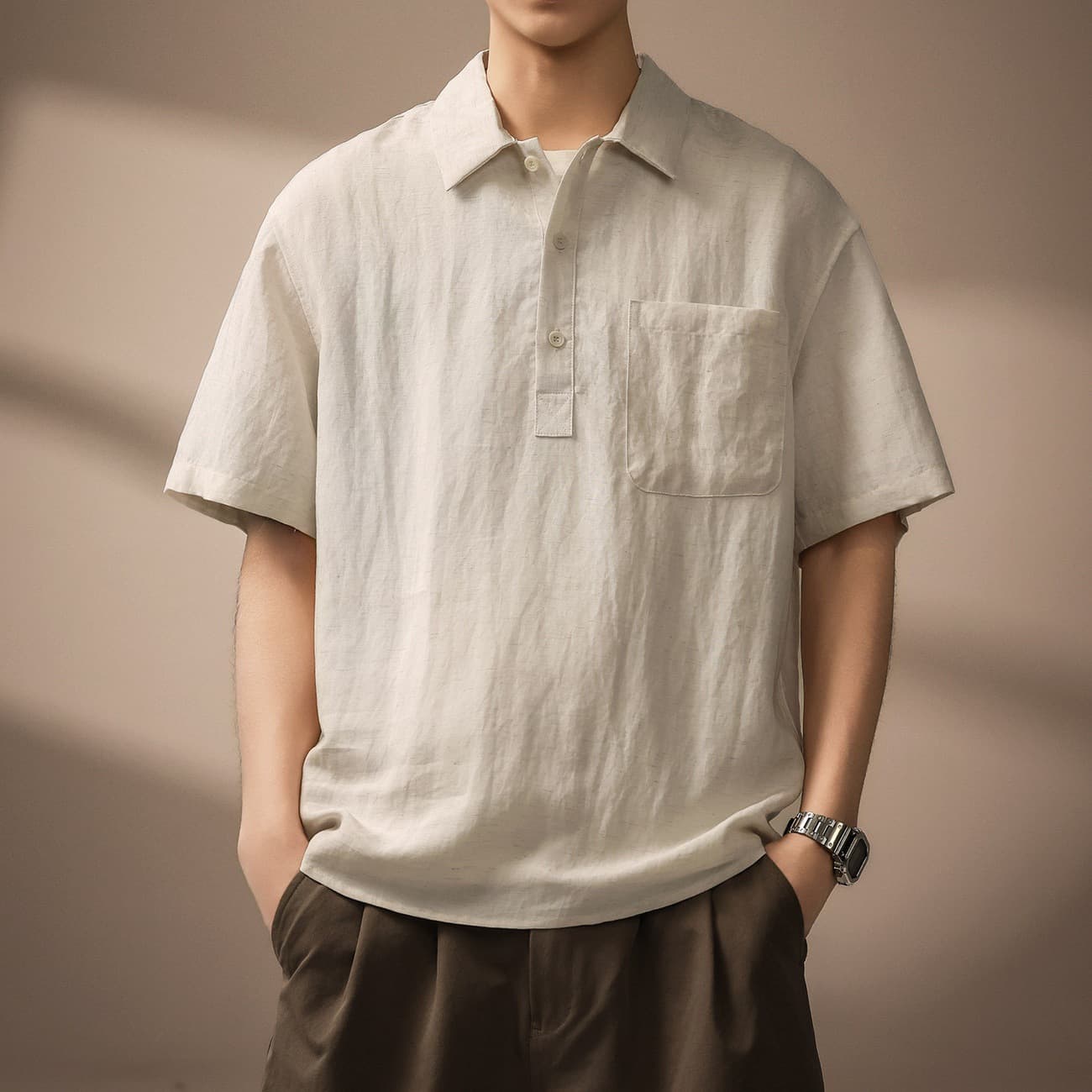 High-End Linen Lyocell Polo Shirt for Men, Summer Thin Style, Loose Fit, Vintage Elegant Turn-Down Collar Short-Sleeve Shirt for Men