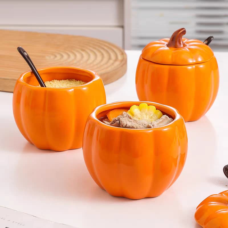 Pumpkin ceramic seasoning jar for household kitchen, condiment bottle, spice box, salt jar, stewing cup, double-boiling soup and steaming egg bowl