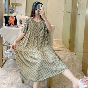 Spring Summer Women's Nightgown, Full Cotton Short Sleeve Home Dress, Round Neck Floral Midi Dress, Plus Size