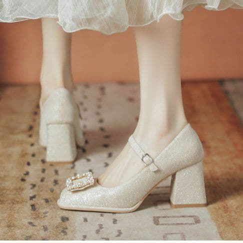 Chanel Style Square Toe High Heel Mary Jane Shoes Women 2026 Autumn New with Dress Sweet Chunky Heel Shallow Mouth Flats
