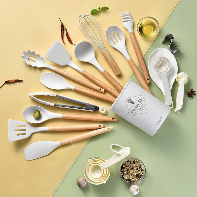 Cross-border wooden handle silicone kitchenware set 34-piece cooking spoon spatula 34-piece set kitchen utensil