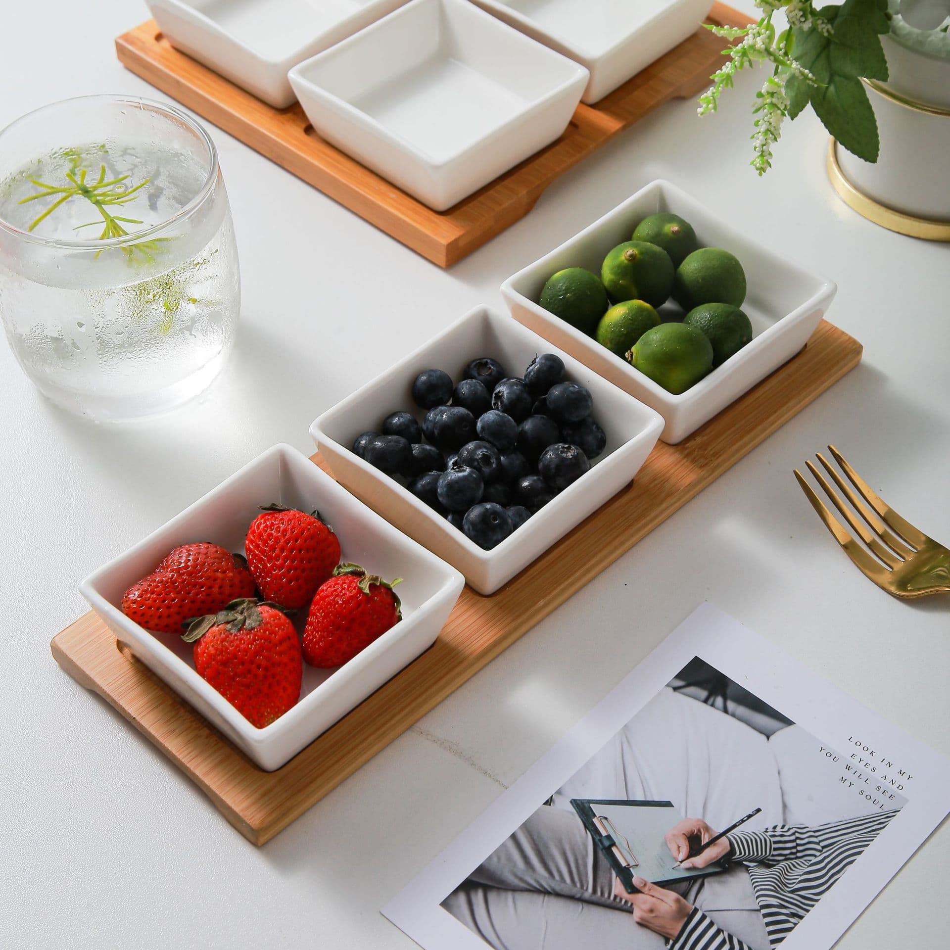 Ceramic Bamboo Wood Fruit Plate, Sauce Dish, Fruit Tea Snack Plate, Tableware, Japanese-Style Three-Compartment Snack Plate