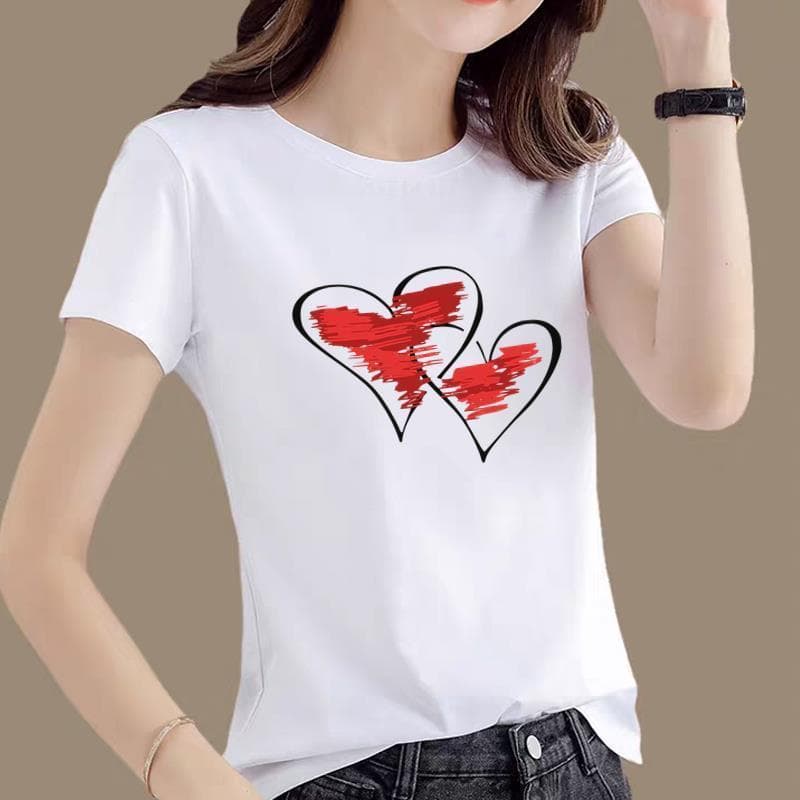 Women's Korean Style Fashion Round Neck Summer Casual Heart Print Cute Base Layer Top Trendy Ins Short Sleeve T-Shirt