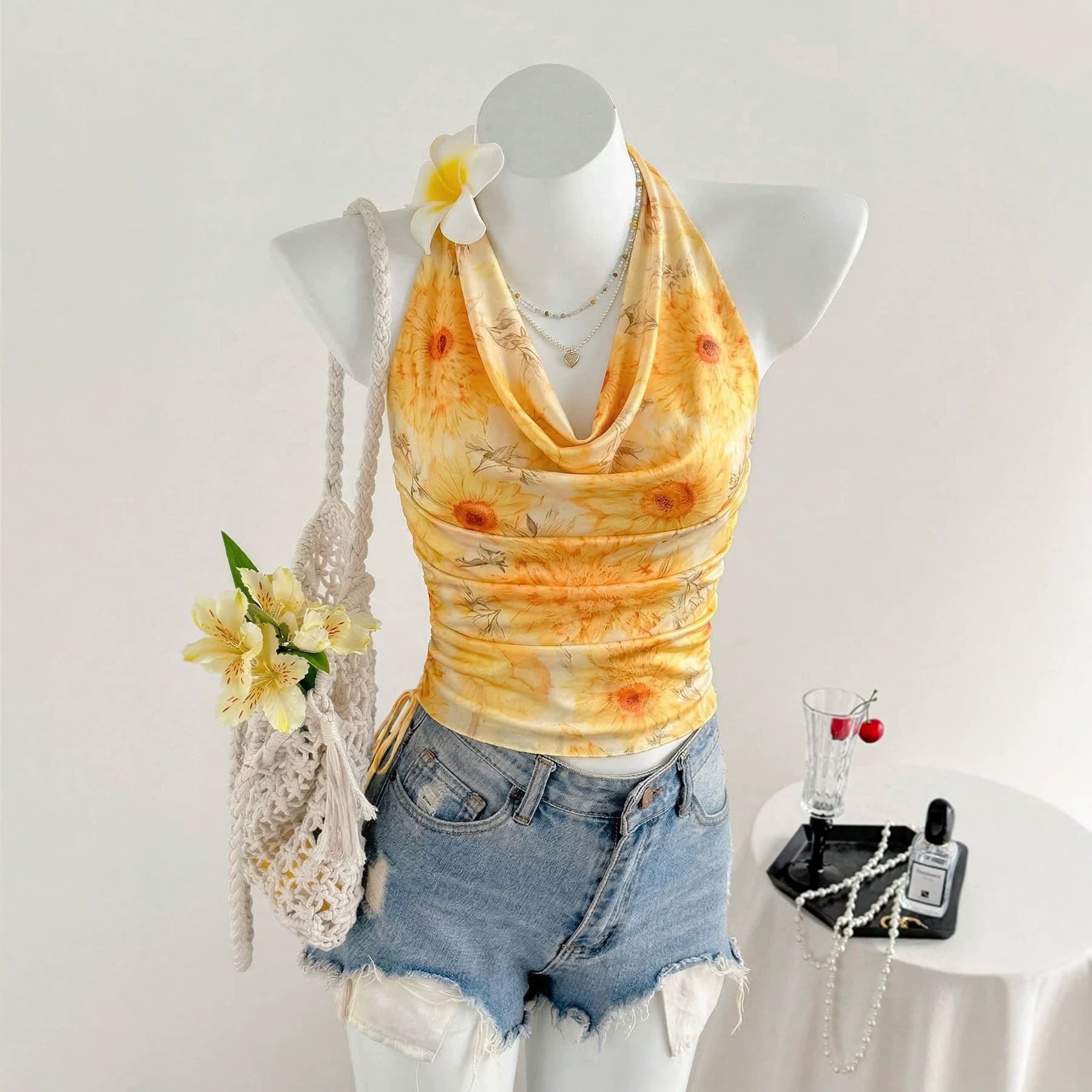 ZT8077 Vacation Style Sexy Halter Camisole Summer Print Cowl Neck Waist Gather Backless Crop Top