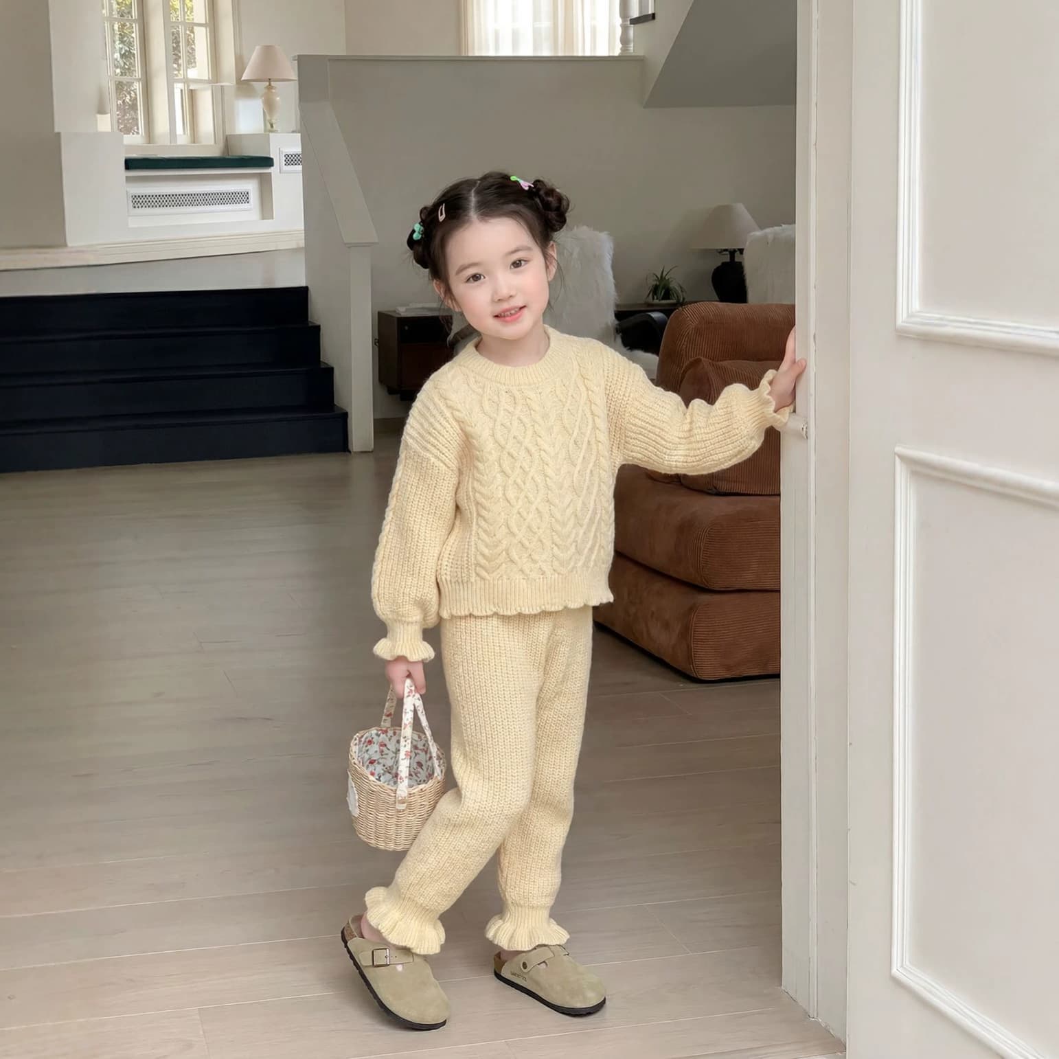Girls' Knitted Yarn Set Retro Cable Knit Korean Style Sweater with Cropped Knit Pants
