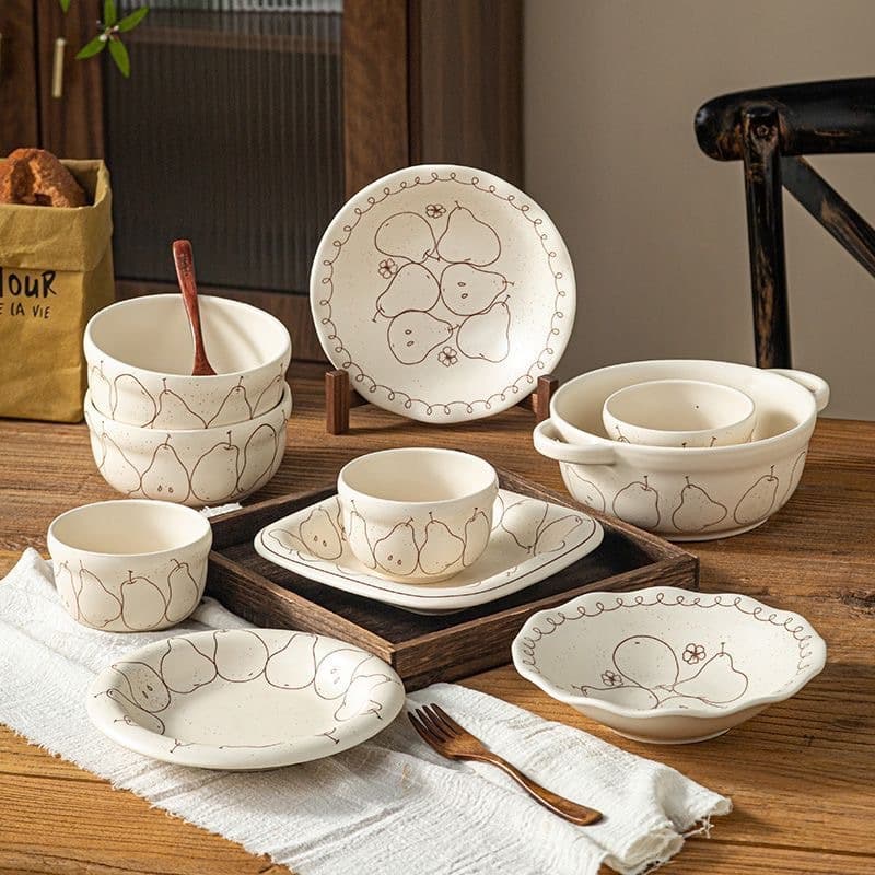 Simple hand-painted pear pattern ceramic plate dish plate household four seasons pear bowl plate ins high-looking soup bowl