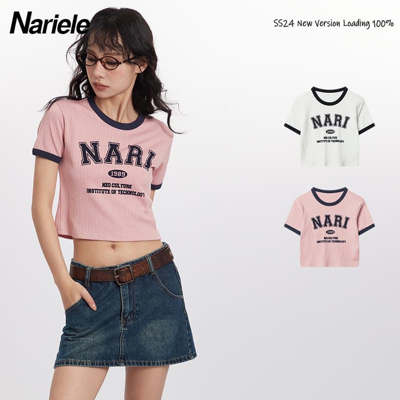 HeyHenry European and American Short Sleeve T-Shirt for Women, Trendy Brand Color-Block Letter Print Design, Cropped Crop Top