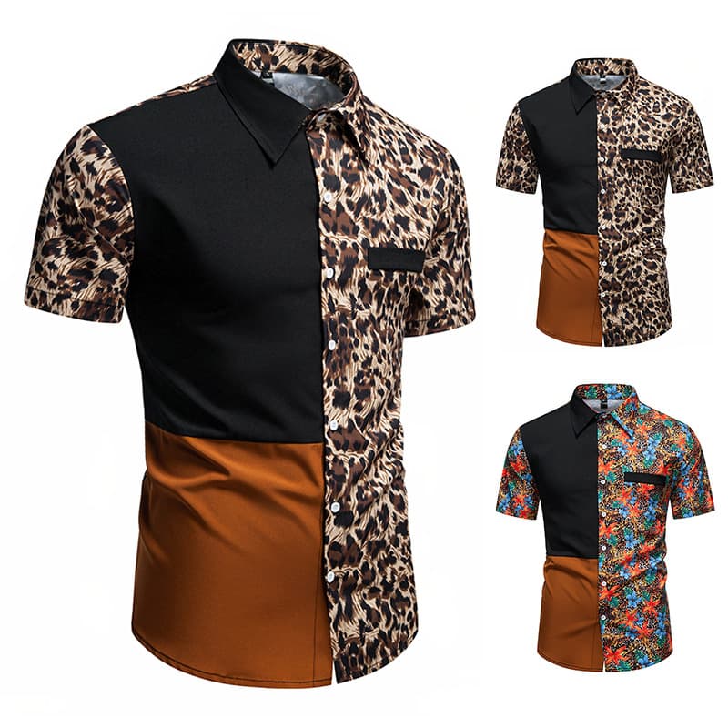 2024 New Amazon New Men's Leopard Print Color Block Short Sleeve Shirt C84P35