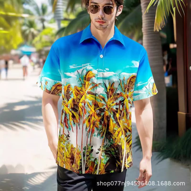 Amazon Export Turn-down Collar 3D Print Casual Loose Shirt Hawaiian Vacation Style Short Sleeve Shirt Relaxed Fit