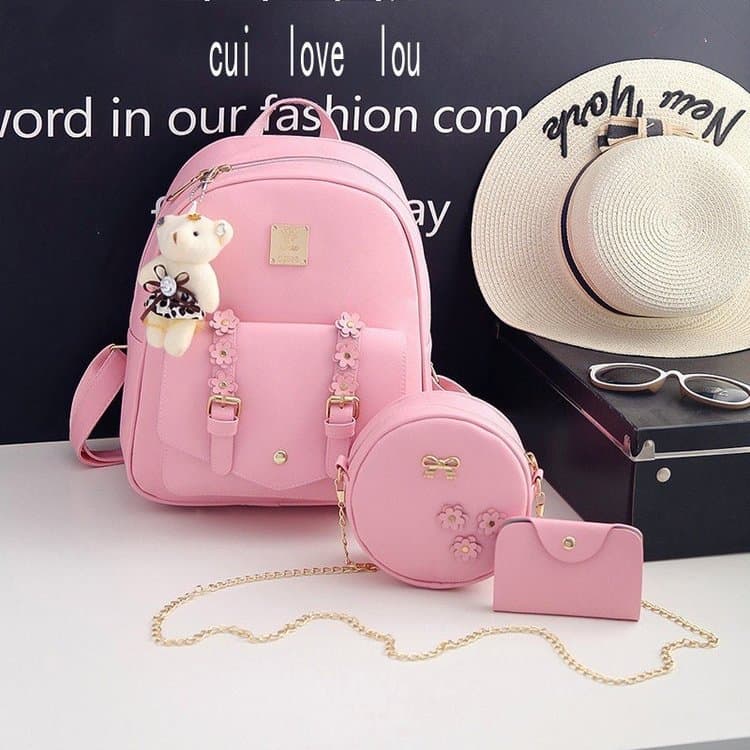 New Foreign Trade Style Small Floral PU Three-Piece Set Backpack Multi-Function Rucksack Student School Bag Casual Versatile Women's Bag