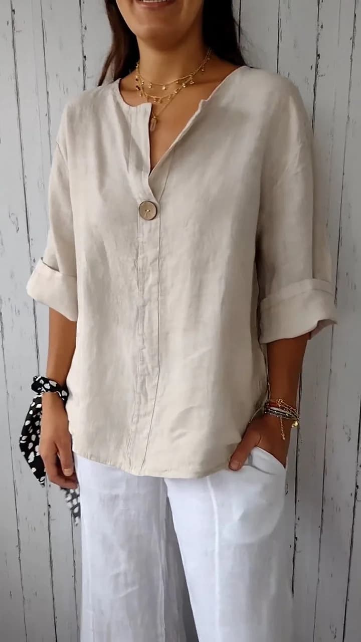 Amazon 2026 Cross-border EU/US Summer New Loose T-shirt Women V-neck Cotton Linen Button Top