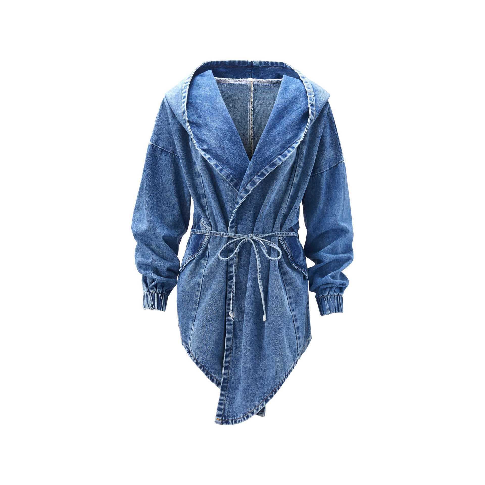 Spring and Autumn New Waist-Cinching Denim Trench Coat Long-Sleeve Denim Women's Jacket Korean Style Open-Front Mid-Length Cape 6331