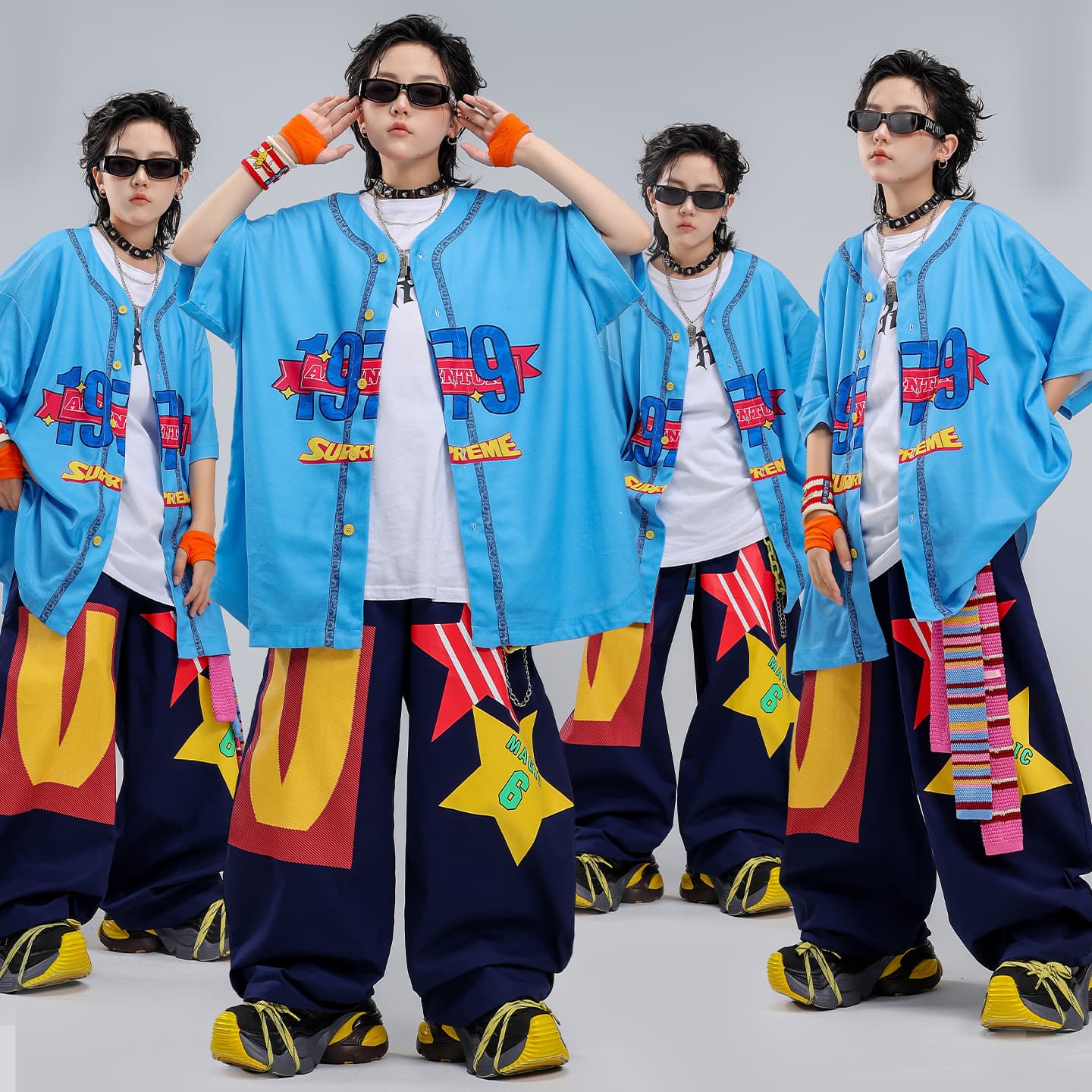 Hip-hop clothing hiphop children's trendy clothing hip-hop boys blue 1979 shirt suit hiphop performance clothing men