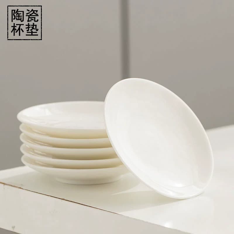 Mutton Fat Jade Porcelain Coaster Cup Mat Customizable Logo Pattern Ceramic Heat Insulation Pad White Porcelain Tea Cup Saucer Tea Tasting Coaster