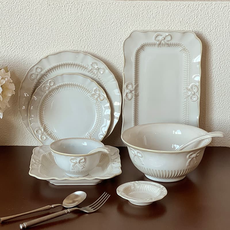 European Embossed Cake Dessert Plate Ceramic Small Round Plate Flat Plate Bow Plate Rice Bowl Steak Plate