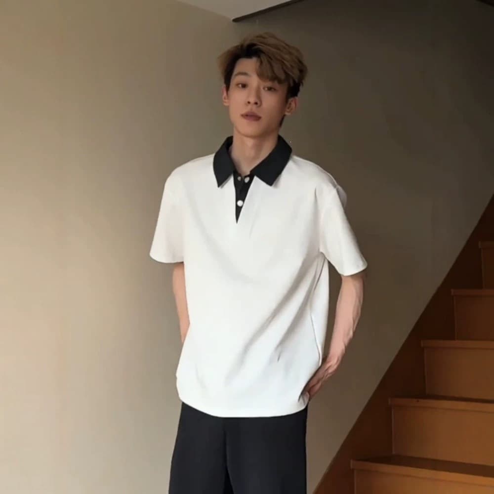Versatile American Short Sleeve Polo Shirt for Men, Contrast Collar Summer T-Shirt, Streetwear Fake Two-Layer Loose Half Sleeve