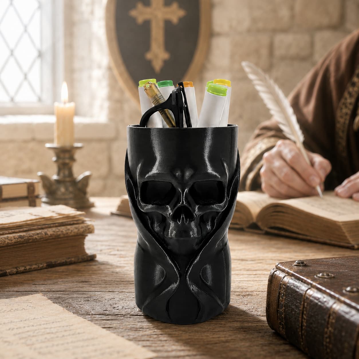 3D Printed Skull Pen Holder Gothic Dark Desktop Organizer Halloween Gift Makeup Brush Holder Cross Decoration