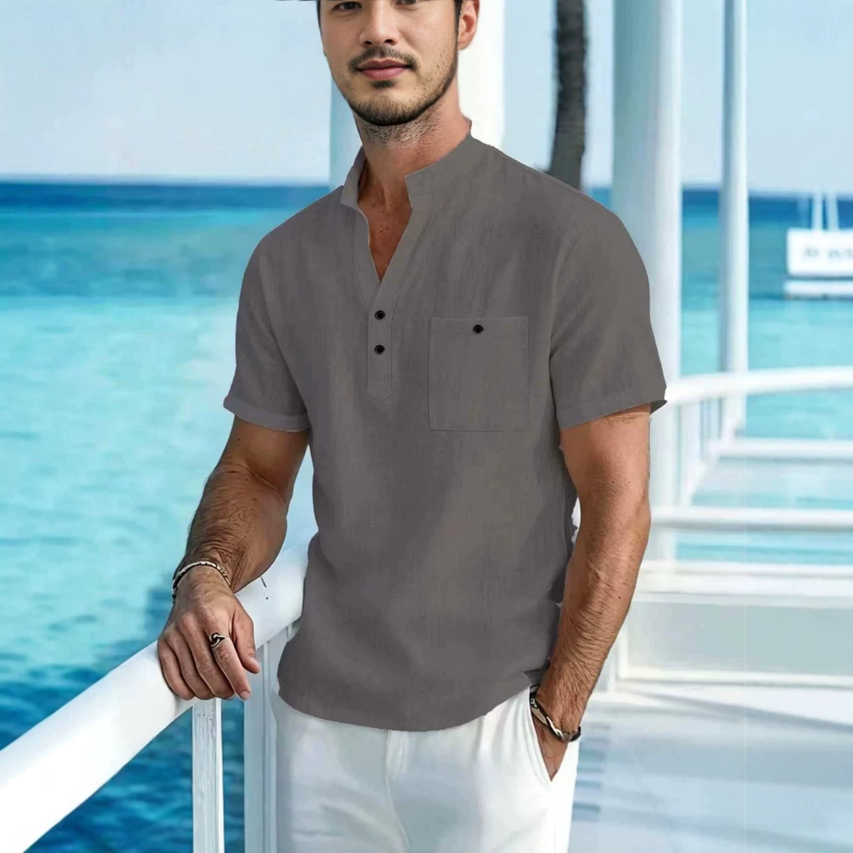 Ouma 2026 New Stand Collar T-Shirt Linen Short Sleeve Shirt Men's Casual Top Lightweight Loose Men's Clothing