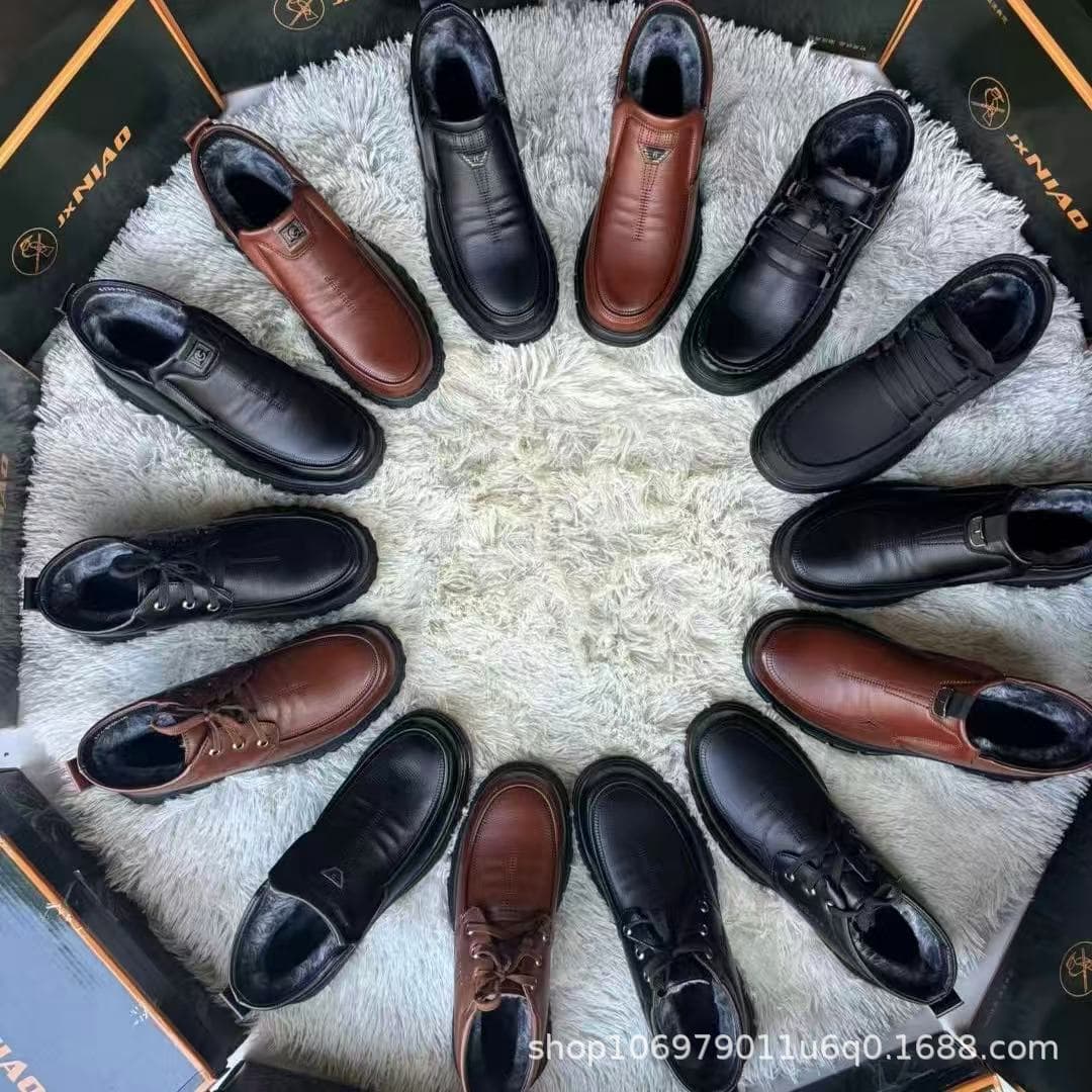 Men's leather shoes, genuine leather, thickened, warm, non-slip, soft-soled, cotton-padded, surplus stock, wholesale men's shoes.