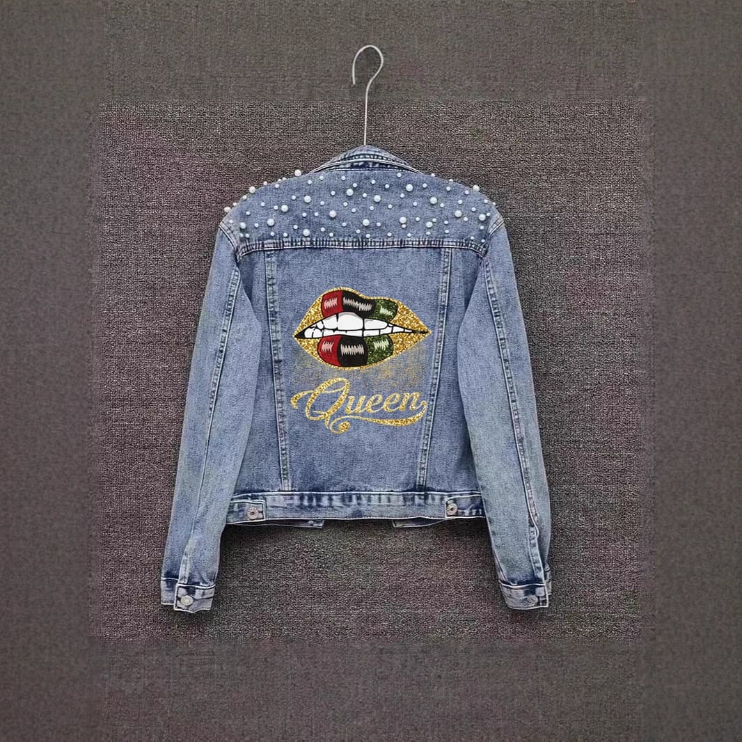 Amazon Cross-border New Printed Denim Jacket for Women, Washed Distressed with Beads, Slim Fit Plus Size Denim Coat