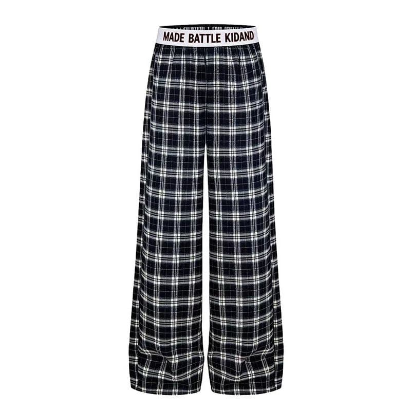 American retro plaid casual pants for women summer letter belt spliced wide leg pants loose drape straight floor mopping pants