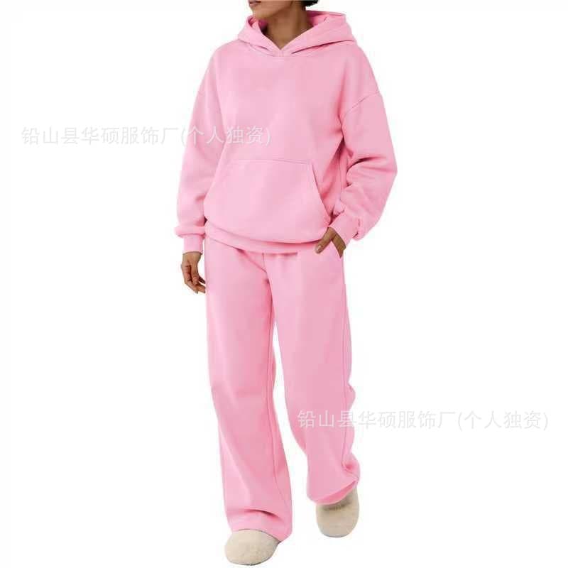Trending Cross-Border Spring/Autumn New Solid Color Hooded Pullover Casual Sweatshirt with Drop Shoulder Sleeves and Wide-Leg Pants Men's Sweatshirt Set