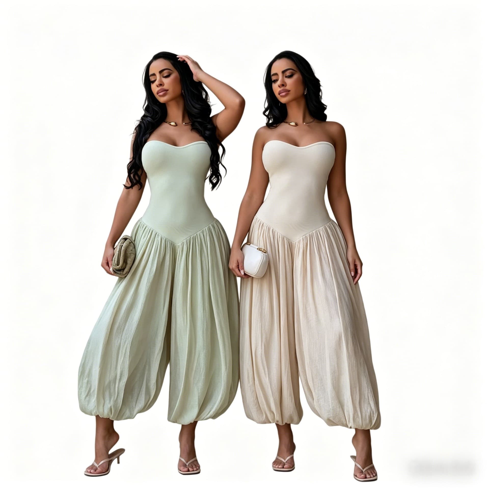 European and American Style Sexy Strapless Solid Color Fitted Waist Loose Lantern Wide Leg Pants, Cross-Border Elegant Jumpsuit for Women