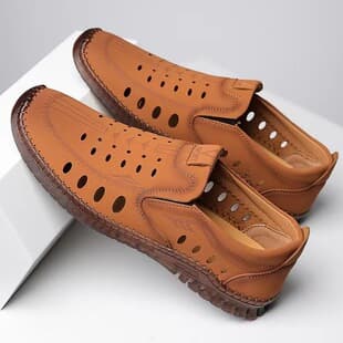 Summer Men's Shoes PU Breathable Men's Casual Shoes Hollow Leather Shoes Soft Sole Slip-on Lightweight Rubber Sole Driving Shoes