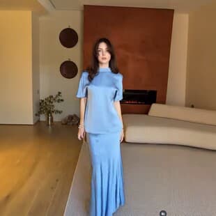 2026 Summer European and American Foreign Trade New Celebrity Style Satin Round Neck Short Sleeve Top Set Women's High Waist Long Skirt Fashion