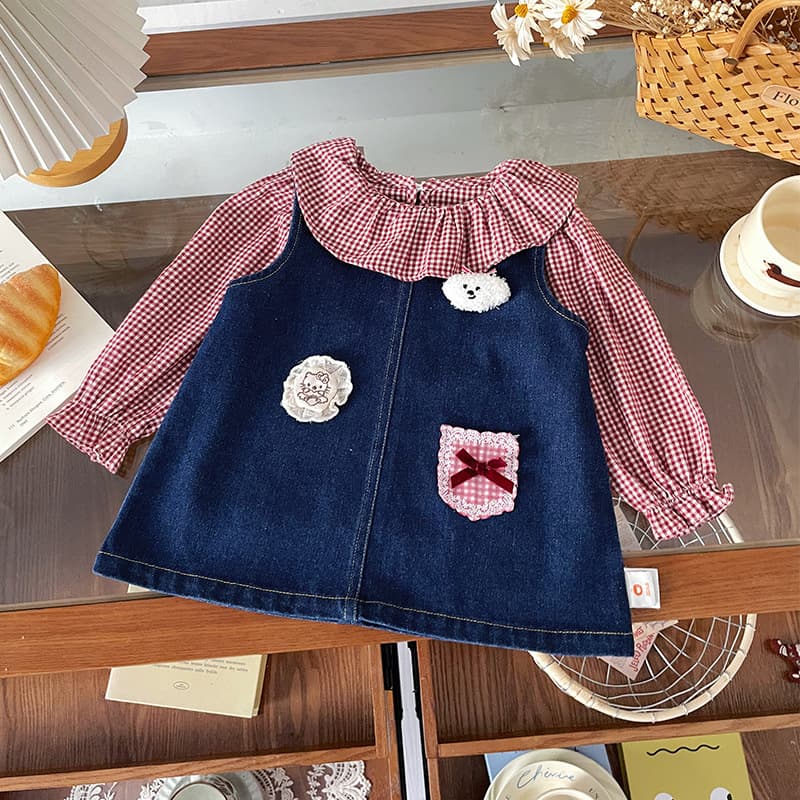【In Stock】DZ25317Q Girls Denim Dress 2025 Autumn New Korean Style Childlike Patch Denim Dress