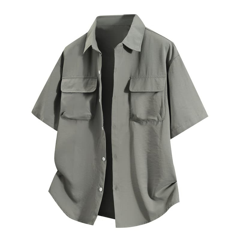 2025 summer new fashionable lapel five-point shirt for men, loose, simple, light and breathable short-sleeved T-shirt