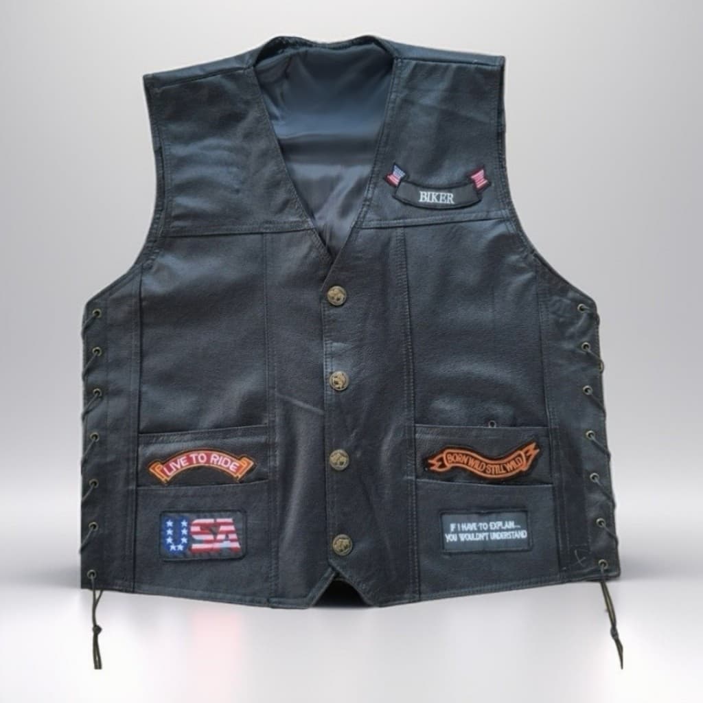 European and American Classic Full Cowhide Riding Vest with Embroidered Badge Style Motorcycle Leather Vest for Men