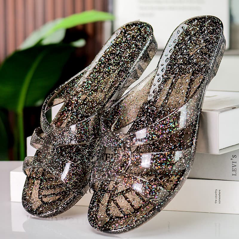 Crystal Slippers Women Plastic Transparent Low Heel Korean Style Indoor Home Summer One-piece Molded