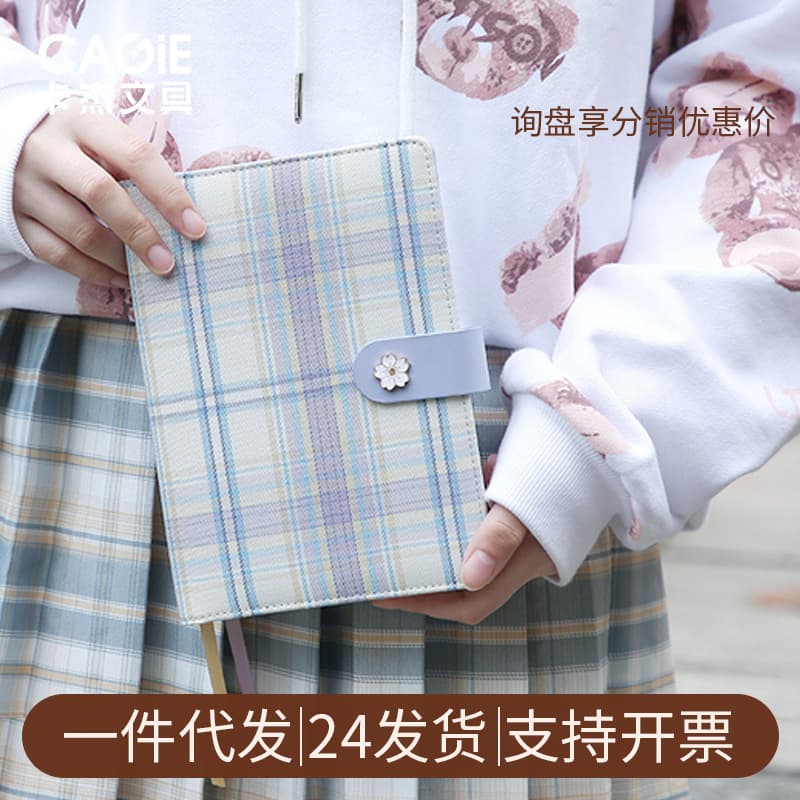 Fabric Grid Japanese Literary Journal with Buckle, Ins Style Notebook, Lined Pages, Diary, Cross-border