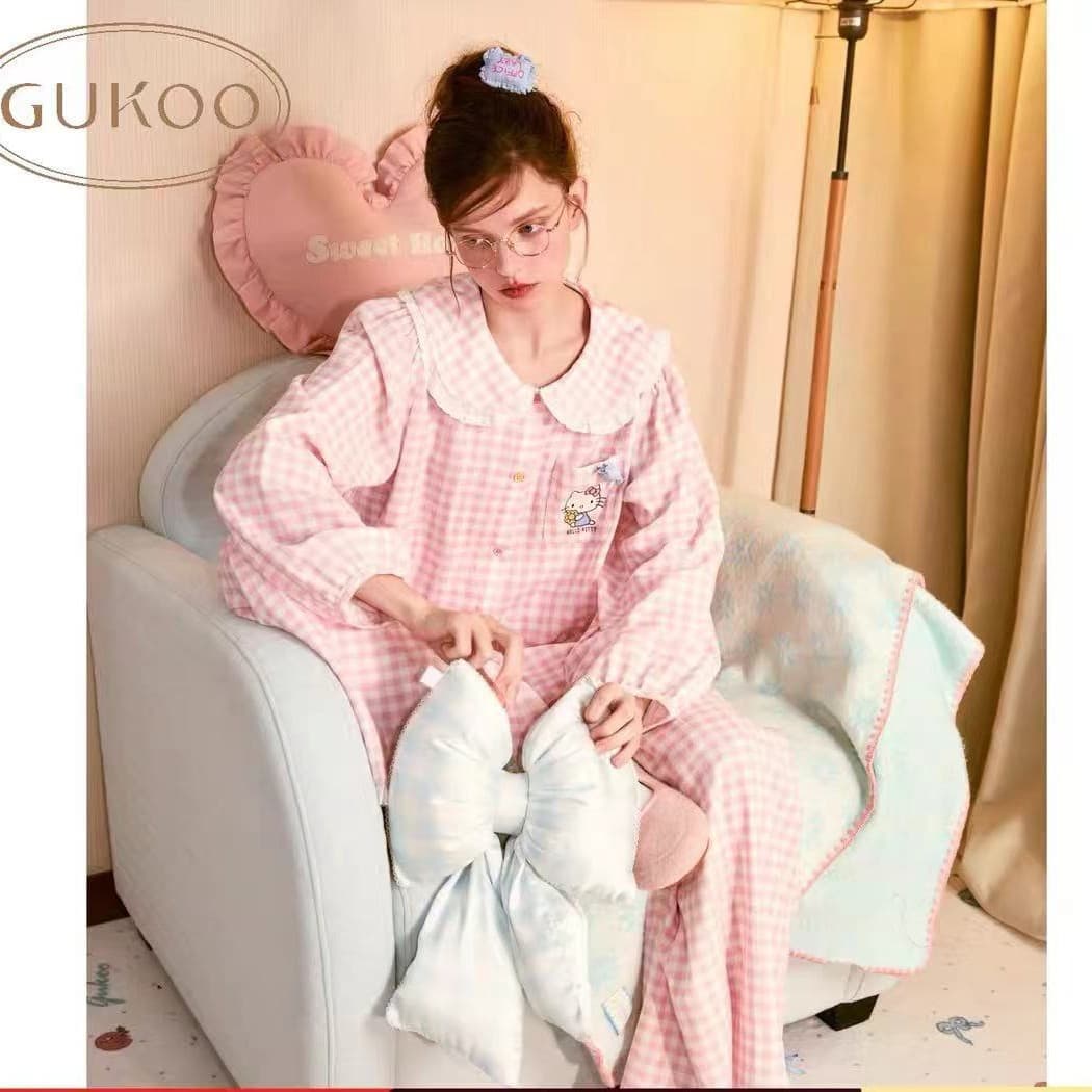 Guoke Same Style Pajamas Women Spring Autumn KT Cat New Pink Plaid Long Sleeve Pure Cotton Women's Loungewear Set