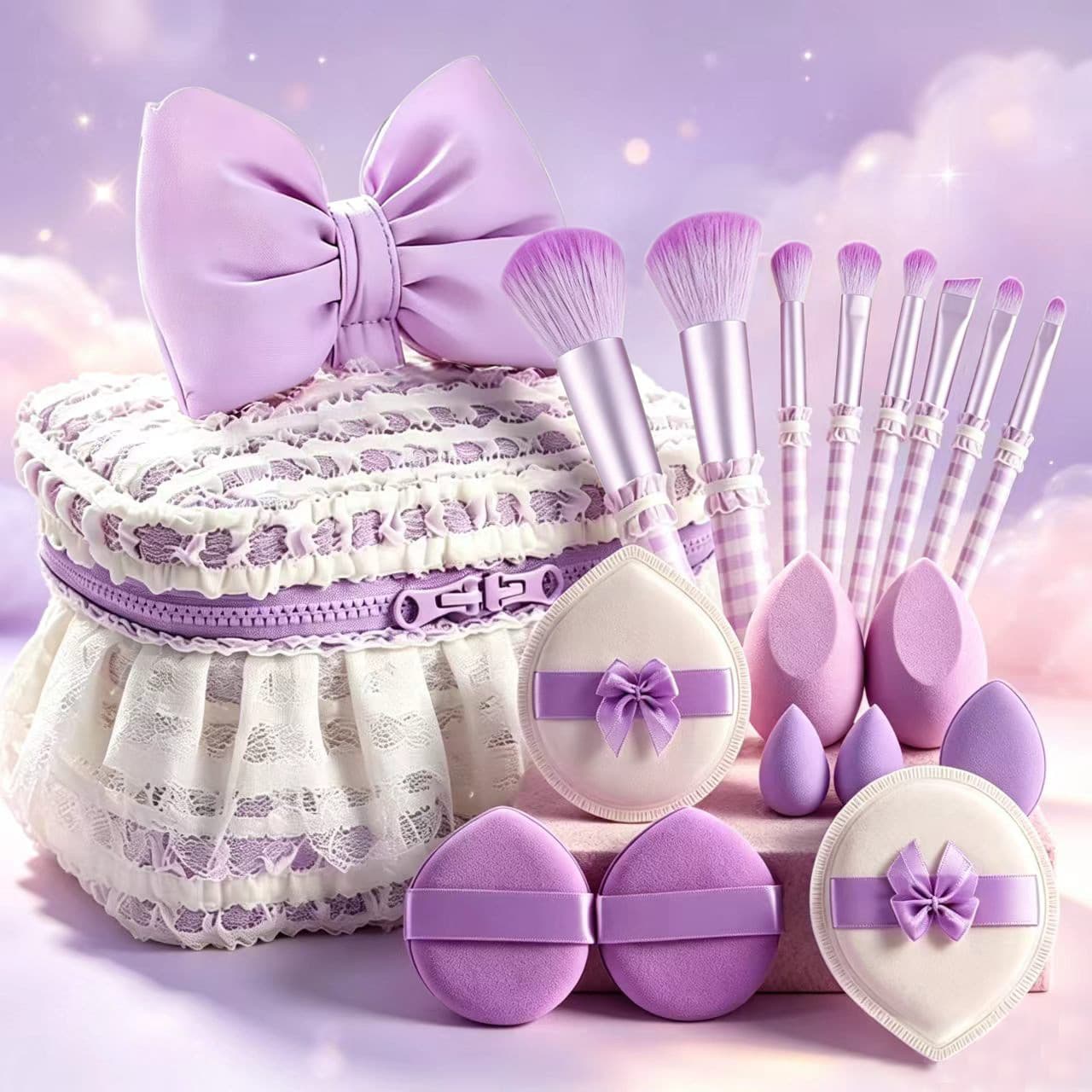 Bow marshmallow air cushion puff with lace makeup brush set heart-shaped powder puff foundation concealer brush
