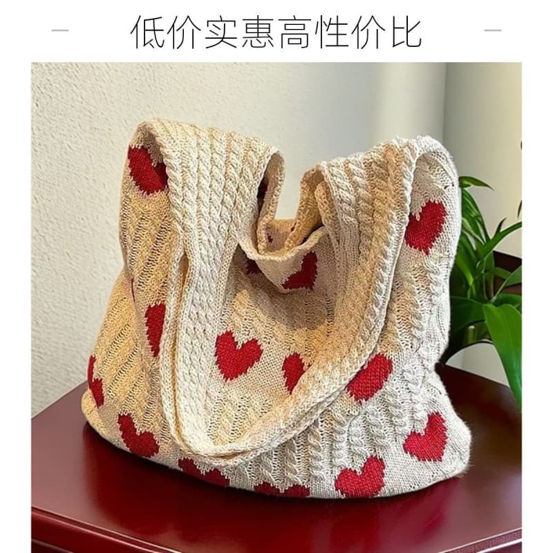 Dopamine Knitted Crochet New Heart Shoulder Hand Carry Tote Casual Large Capacity Shopping Bag