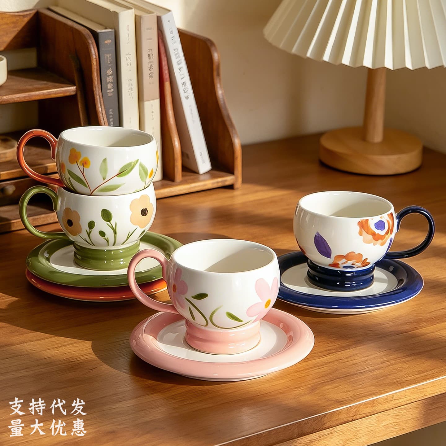Four-Color Floral Hand-Painted Ceramic Mug Coffee Cup and Saucer Set for Home Use Breakfast Milk Saucer Wholesale